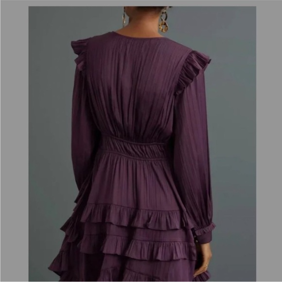 By Anthropologie Tiered Purple Ruffle Mini Dress Long Sleeve Size S Small 4 6 - Picture 2 of 5
